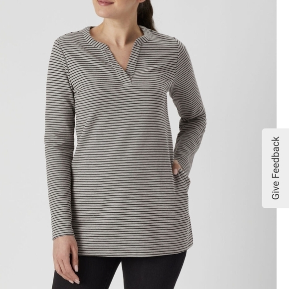 Duluth Shirt Womens Medium Gray Striped Ponte Pro Tunic Pullover V Neck - Picture 13 of 13